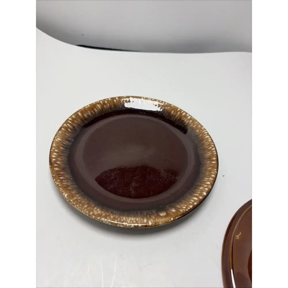 Two Vintage Brown Drip Glaze Dinner Plates 7.5” USA Pottery